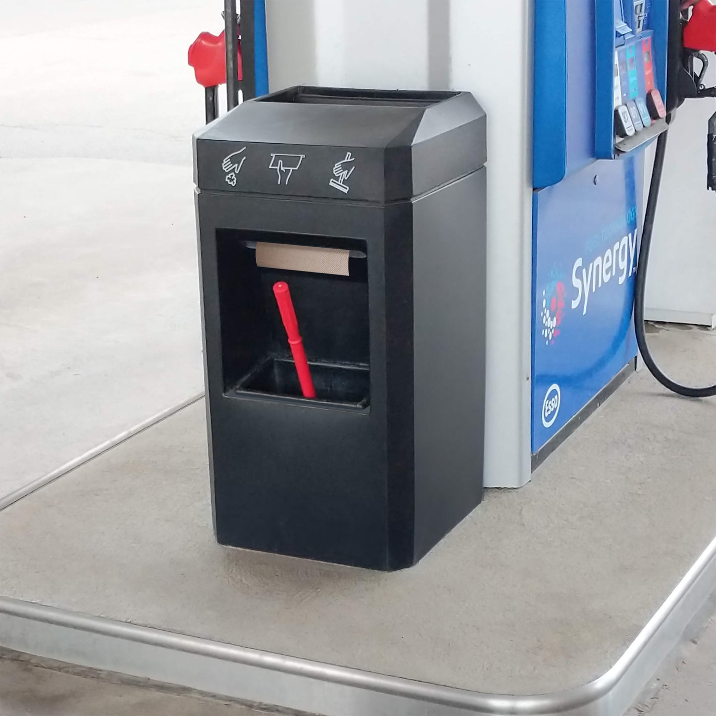 Gorrie RCP all-in-one pump island service unit with single bucket, waste container, and paper towel dispenser for gas stations.