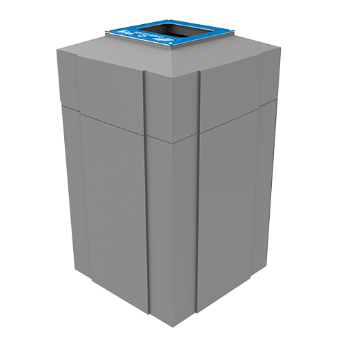 Gorrie RCP square commercial recycling container with specialized bottle cover for outdoor waste management.
