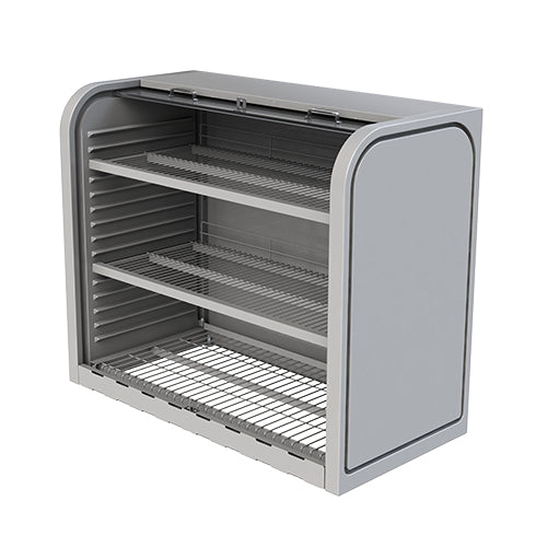 Lockable commercial-grade retail security merchandiser for outdoor gas station forecourt product displays.