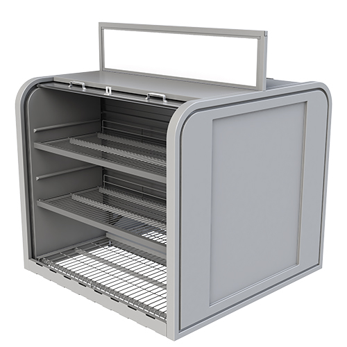 Lockable commercial-grade retail security merchandiser for outdoor gas station forecourt product displays.