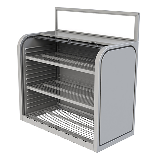 Lockable commercial-grade retail security merchandiser for outdoor gas station forecourt product displays.
