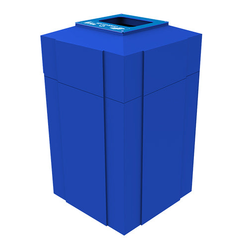 Gorrie RCP square commercial recycling container with specialized bottle cover for outdoor waste management.