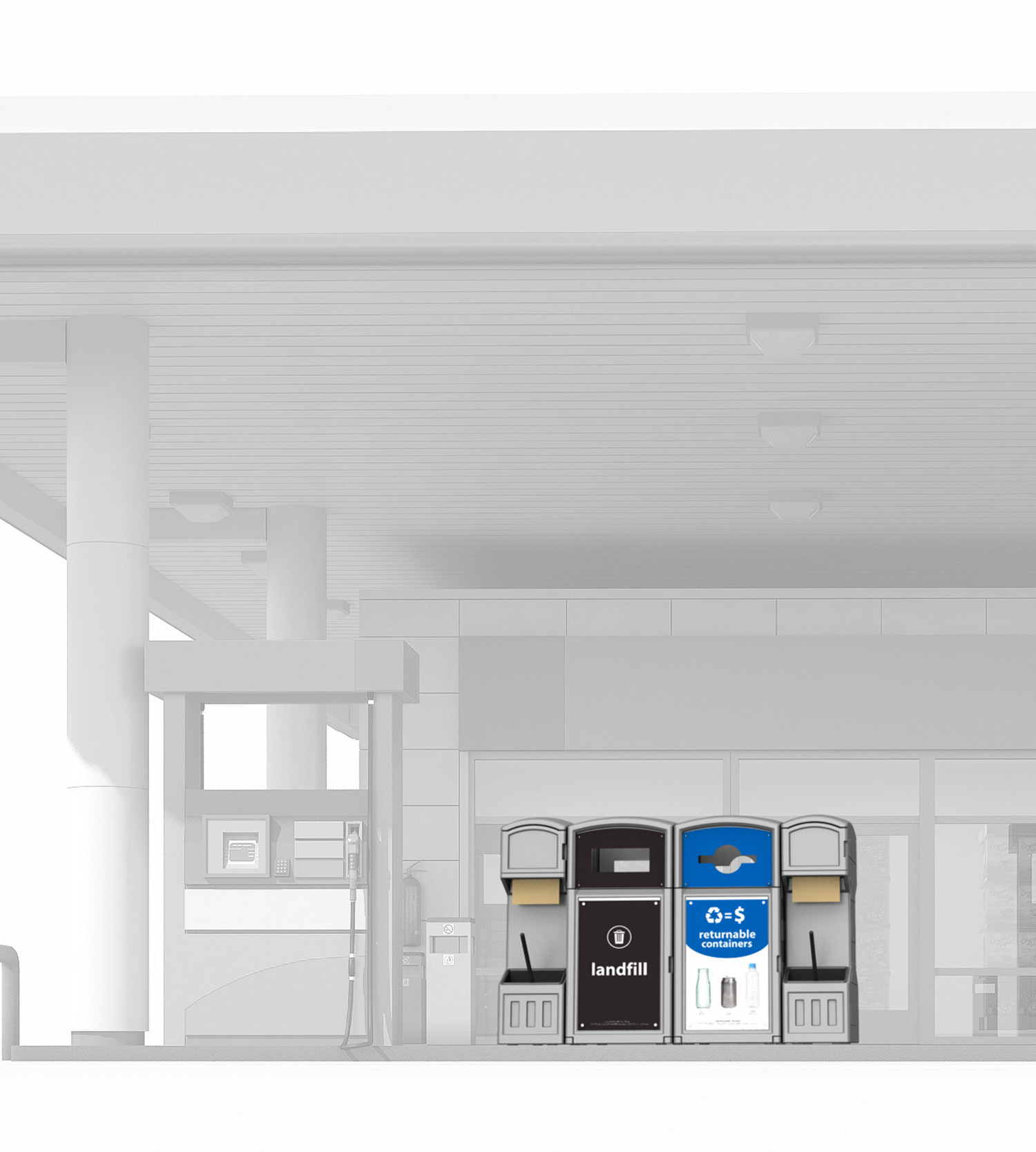 GorrieRCP multi-stream commercial recycling and landfill waste station with integrated windshield service centers at a petroleum forecourt.